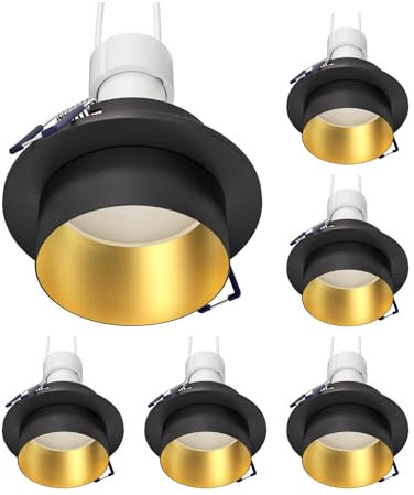 ledscom.de 6 Stück Deckeneinbaurahmen KRON, rund, schwarz/gold matt, inkl. GU10 LED 500lm, warmweiß, 3-Stufen-Dimmer