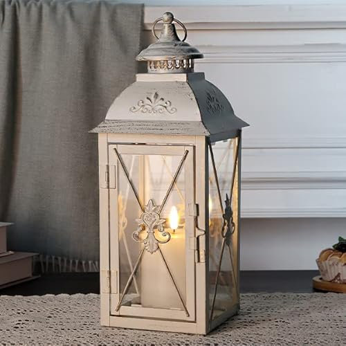 TRIROCKS Hängende Kerzenlaterne 33 cm Hoch Antike Laterne Mit Glasfenstern Mattweiß Grablaterne Metall Windlicht Kerzenhalter Für Draußen Garten Deko Innen Balkon Wohnzimmer (Einzel)