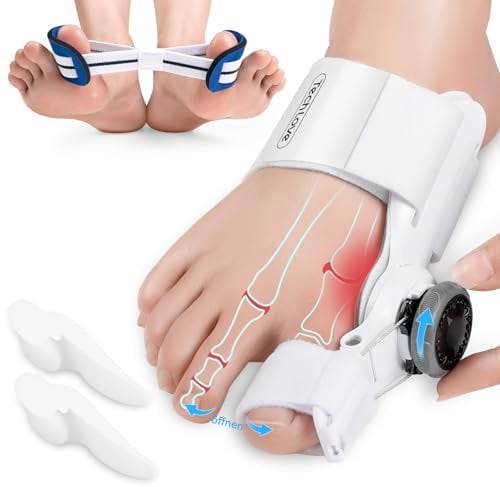 Tech Love Hallux Valgus Korrektur Set, Verstellbarer Knopf Schienen [1x], Silikon Zehenspreizer [2x] und Zeh Trainingsband [1x], Universalgröße Bunion-Entlastung für Tag & Nach Zehen Unisex