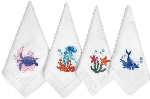 HCRAFT Bestickte Baumwoll-Tischservietten, Stoffservietten, 45,7 x 45,7 cm, Meerestier-Serviette, quadratischer Stoff, Esszimmer, Servietten, maschinenwaschbar, Baumwolltuchservietten, tolle