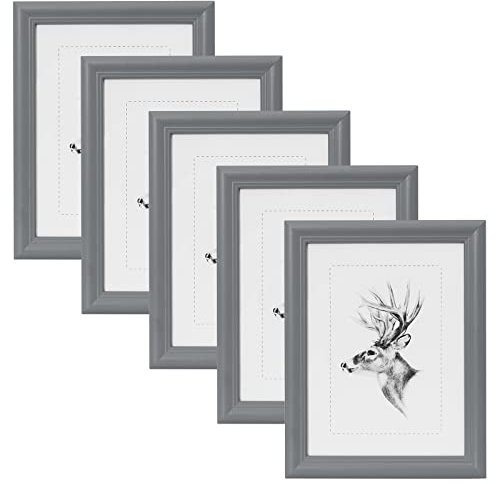 WOLTU Bilderrahmen 21x29,7cm DIN A4 5er Set Fotorahmen Holzrahmen mit Passepartout, zum vertikalen oder horizontalen Aufhängen/Aufstellen, Posterrahmen Collage Wanddeko, Grau