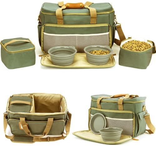 Multi-Use Pet Outdoor Bag with Locking Zippers, Food & Accessory Bag for Dogs, Cats & Pets - Khaki Green