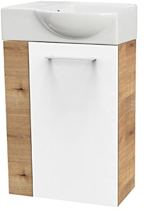 FACKELMANN SBC Gäste-WC Set 2 Teile – Waschtischunterschrank in Weiß mit Holz Braun mit Waschbecken aus Keramik – Waschbeckenunterschrank schmal – Türanschlag rechts – Hahnloch Links – 45 cm breit
