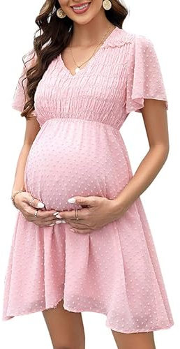 Clearlove Robe de grossesse d'été en mousseline de soie à pois suisse à manches courtes pour femme, Rose, XL