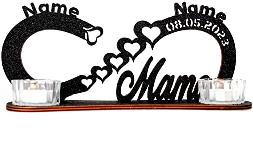 Waluna® Mama Geschenk zu Weihnachten Unendlichkeitszeichen Teelichthalter personalisiert mit Zwei Namen und Datum Herzen zum Geburtstag Muttertagsgeschenk mit Kerzen in 12 Farben kerzenhalter