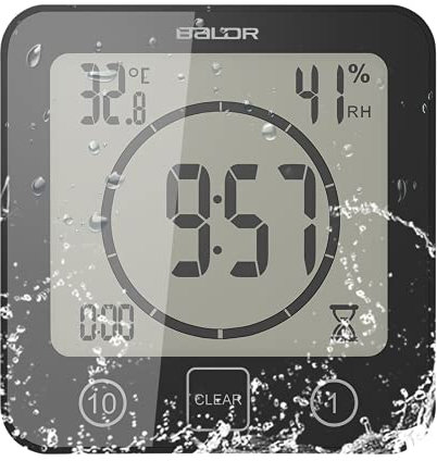 OurLeeme Tägliche wasserdichte Duschuhr, Badezimmer-Dusche-Timer-Wecker mit großer LCD-Anzeige Luftfeuchtigkeit Temperaturanzeige Timer-Steuerung Countdown-Timer-Uhr für Home Kitchen Badezimmer