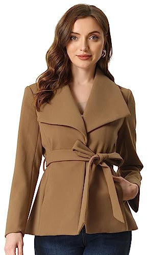 Allegra K Damen Kurzmantel Schal Reverskragen Geknöpfter Wintermantel Mit Schrägen Taschen Und Gürtel Mantel Braun S