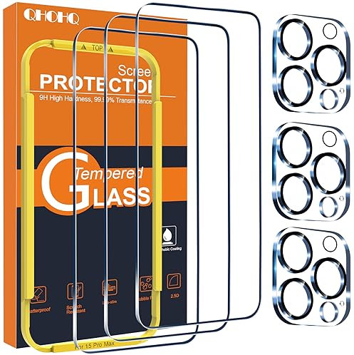 QHOHQ 3 Stück für iPhone 15 Pro Max für Panzerglas mit 3 Stück Kameraschutz, 9H Härte Schutzfolie, Ultra-Klar Displayschutzfolie, Anti-Kratzer, Bläschenfrei