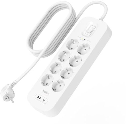 Belkin Multiprise avec Protection Contre Les surtensions à 8 Prises, Montage Mural, câble de 2 m, lumière d'état, 1 Port USB-A et 1 Port USB-C PD à Charge Rapide, 900 Joules de défense électrique