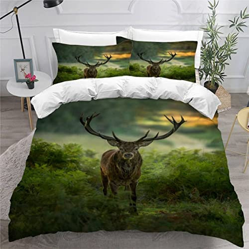 AKATIE Sommer Bettwäsche 220x240 Hochwertig 3D Motiv Bettbezug Hirsch Grüner Wald Wilde Tiere Bettwäsche 3-TLG Mikrofaser Luxus Erwachsene Bettbezug Set Mit ReißVerschluss