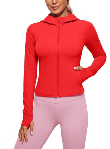 CRZ YOGA Damen Butterluxe Kapuzenpullover Hoodie Zip Up Sweatjacke Workout Langarm Hoody Kapuzenjacke mit Daumenloch Tiefrot 38