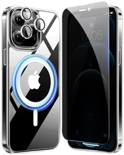 Magnetische Handyhülle für iPhone 12 Pro Max Hülle,360 Grad Schutzhülle,Transparente Case mit MagSafe [1 Anti Spy Panzerglas Schutzfolie+1 Kameraschutz] Stoßfest 12 ProMax Hülle Original-Crystal Clear
