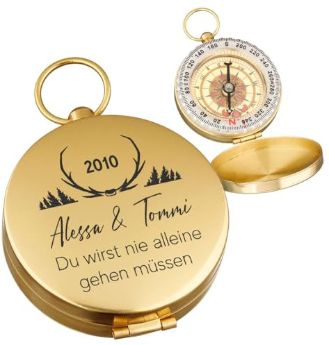 polar-effekt Metall Gold Kompass mit Gravur - Geschenk zur Hochzeit und Verlobung - Taschenkompass für Paare - leicht und tragbar