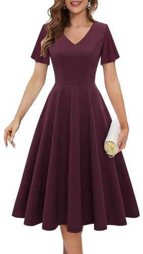 Bridesmay Women's Casual Tea Dress Flared Sleeve Cocktail Party Dresses Midi Length Modest Church Dresses Burgundy XL