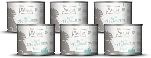 MjAMjAM - Premium Nassfutter für Katzen - DUO von zarter Ente & Süßwasserfisch an Möhrchen, 6er Pack (6 x 200g), getreidefrei mit extra viel Fleisch