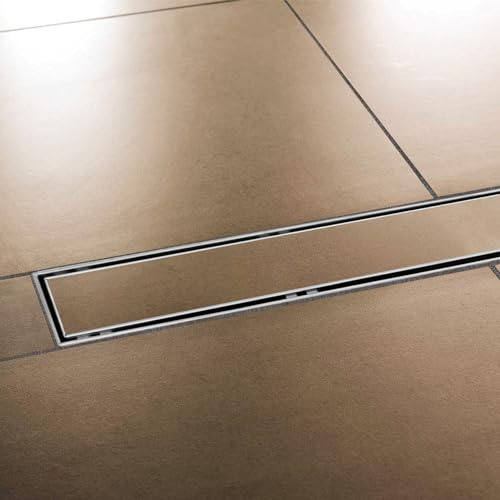 Edelstahl Duschrinne extra flach mit Ablauf & Siphon (110cm, Höhe 53mm) - waagerechter Duschablauf Komplettset befliesbar - Duschabfluss & Duschablaufrinne mit passender Dichtmanschette