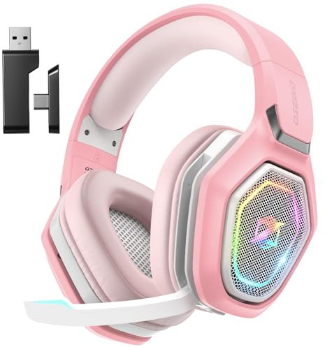 Ozeino Cascos Gaming Inalámbricos para PC/Ps5/Ps4, Auriculares Gaming Inalámbricos de 2,4GHz Wireless+Bluetooth (Rosa)