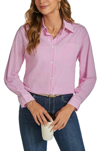 YOUNIFIZ Chemise rayée boutonnée à manches longues avec poche pour femme, A ~ rose, XXL