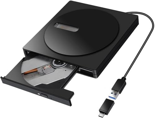 External CD DVD Drive, Type-C & USB 3.0 Portable Drive Reader DVD CD RW Writer Burner Player Optical DVD Drive External Disk Drive for Laptop, Desktop, PC, Mac, IOS, Windows 11/10/8/7/XP/Linux/Vista