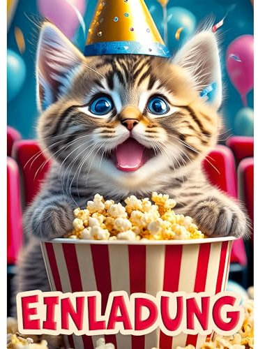 Moosthaler 12x Einladung Kino Kindergeburtstag - Die perfekte Einladung für den Kino- oder Filmabend mit süßer Katze - Kino Einladungskarten Kinder - Einladungskarten Kindergeburtstag Mädchen