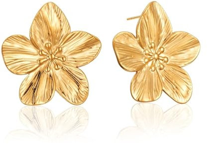 BelleVive 18 Karat Vergoldete Blumen Ohrringe Groß, Tropfen Boho Statement Flower Earrings, Metallohrringe, Übertriebene Hypoallergene Modeschmuck