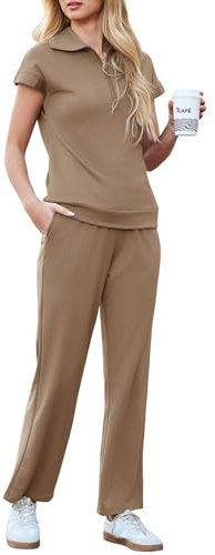 Aottori Jogging Anzug Damen Set Zweiteiler Hausanzug Sommer Outfits Tracksuit Kurzarm 2 teiler Freizeitanzug Jogginganzug Trainingsanzug Sport Lounge Set Elegant Loungewear Homewear Braun L