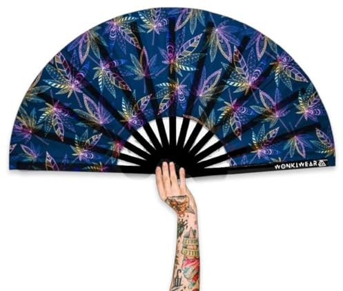 WONKIWEAR Fan, Folding Handheld, Glow UV Reactive Design, Large Strong Black Bamboo. Unisex for Raves, Festivals, Concerts, Drag, Gay Pride (UV Leaves, Large)