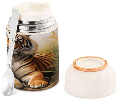 Cgiub Tigers Food Flask BPA Free 500 ml Stainless Steel Food Jar Vacuum Insulated Soup Flask with Folding Spoon Leakproof Food Container Keeps Cold and Hot