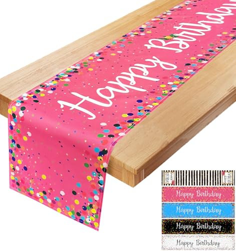 YOUYIKE Chemin de Table d'anniversaire, 183 x 33 cm Joyeux Anniversaire Lin Chemin de Table, Lavable Fête d'anniversaire Déco de Table, Chemin de Table pour pour Dîner de Fête d'anniversaire(Rose)