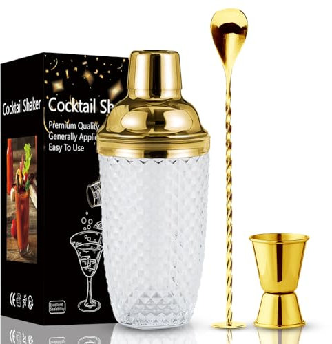 Shaker à cocktail en verre avec passoire - 400 ml - Verre transparent doré - Avec couvercle doseur en acier inoxydable - Pour la maison, le bar, le vin, les jus de fruits mélangés - Doré