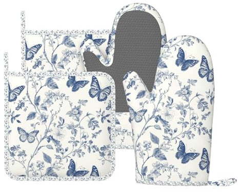 Ofenhandschuhe und Topflappen Schmetterling Blume Vintage Blau Silikon Küchenzubehör Set mit 4 hitzebeständigen langen Handschuhen Topflappen Anti-Rutsch-Griff für Koch Kochen Backen Grillen BBQ