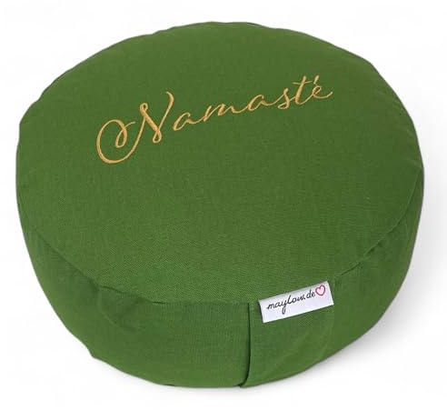 maylow Yoga mit Herz® Hochwertige Meditationskissen Yogakissen Stickerei Namasté Bezug waschbar Innenkissen Buchweizenschalen Ø33 cm H:15cm (Personalisierung nach Wunsch)