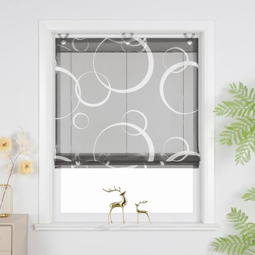 Joyswahl Raffrollo ohne Bohren Lichtdurchlässig Raffgardinen Grau 130x80 | Voile Ösenrollo mit Hakenaufhängung, Fenster Vorhänge für Fenster mit Ösen, Wohnzimmer, 1 Stück, Fensterrollo innen modern
