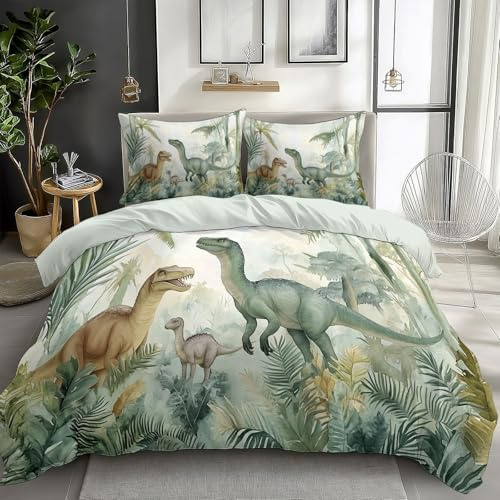 Vert Parure De Lit 90x190 cm Le Monde des Dinosaures dans la Jungle 3D Housse De Couette 1/2 Personne Adulte Ado Enfants Sets De Housses De Couettes en Microfibre Coton Réversible