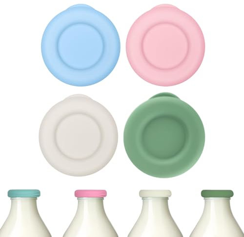 4Pcs Milk Bottle Tops, Reusable Silicone Glass Milk Bottle Tops, Perfect Fit for UK One Pint Milk Glass Bottles, 100% Leakproof, Dishwasher Safe