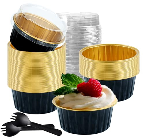 60 pirottini in alluminio con coperchio, mini pirottini rotondi usa e getta da 141,7 g, per torte, creme brûlée, per feste, compleanni, matrimoni (nero-oro)