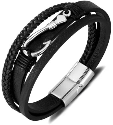 Personalisiertes Lederarmband für Herren, Edelstahl, trendig, kreativ, Angelhaken, verziertes Lederarmband, Einheitsgröße, Holz, Kein Edelstein