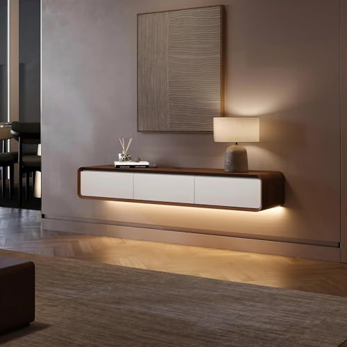 POVISON TV Schrank schwebend 160cm mit LED Moderne Weiß Walnussholz | Massivholz, 3 Schubladen, TV-Tiefpaneelhalterung, Kabelmanagement, Komplette Wohnzimmermöbel mit Stauraum