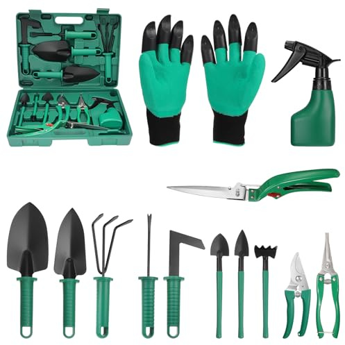Coolty Gartenwerkzeug, 13-Teiliges Gartengeräte Set mit Aufbewahrungsbox, Garden Tools für Gartenliebhaber (Grün)