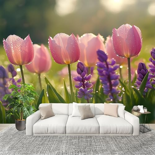 Wandbild Fototapete Tulpenblumen Auf Dem Land Fototapeten Vlies Tapeten Poster GrüN Modern Gedrucktes Wandbild UV-Beständig Wand Dekoration