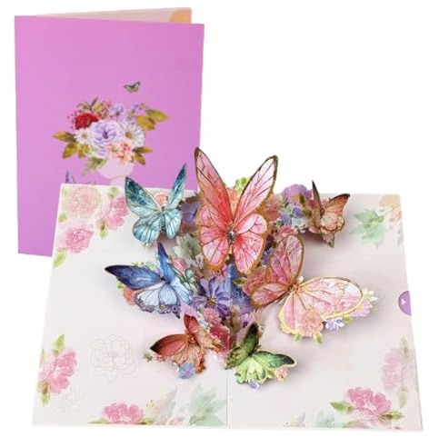 ZYEKIU Biglietto d'Auguri Pop Up 3D Farfalla, Delicato Biglietto Auguri Compleanno, Biglietti Auguri Simpatico, Biglietto Anniversario con Fiori per Donna Uomo Mamma Amica San Valentino(Rosa)