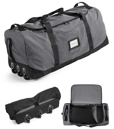 BAGSMART Sac de voyage pliable avec roulettes, 80 l, léger, 3 roues, grand sac de voyage pour homme et femme, peut être enroulé et rangé, gris foncé, 72 x 35 x 33 cm, Sportif