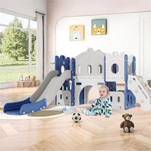 Aveainelle Toboggan Exterieur/Interieur Enfant et Centre d'jeux pour Tout-Petits, Toboggans de Jardin pour Enfants avec Panier de Basket et Rangement, Toboggan Grimpeur pour Bébé de 1 À 3 Ans