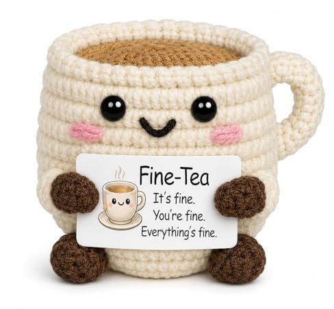 Folcora Positive Crochet Tea Cup Doll, Cute Emotional Support Crochet | With Everything Is Fine Card, Emotional Support Gift For Women Men Him Her Girlfriend Friend Kids