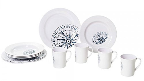 osters muschel-sammler-shop Segelgeschirr Newport Harbor aus Melamine - bruchsicher in blau/Weiss mit Kompass/Windrose (Set 1)