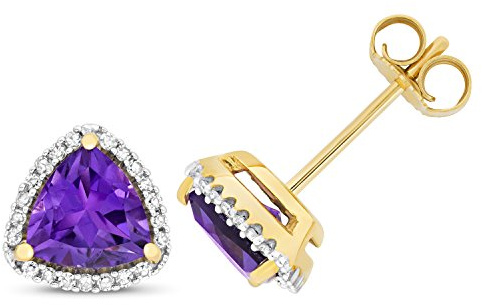 9 Karat (375) Gold Damen - Diamant Paar Ohrstecker Brillant-Schliff 0.14 Karat mit Amethyst - 8mm*8mm WJS14416