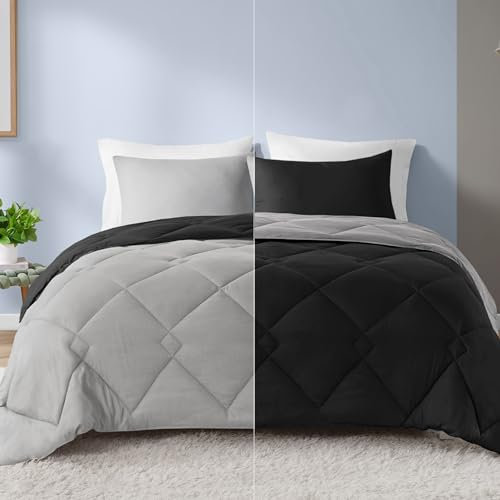 Comfort Spaces Vixie Reversible Comforter Set-Modern Geometric Quaterfoil Cloud Quilted Design All Season Down Alternative Bedding, Matching Shams, Full/Queen(90x90), Black/Grey