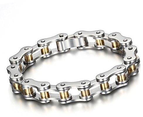 Cupimatch Herren Edelstahl Biker Armband, 10mm Große Breite Edelstahl Fahrradkette Motorradkette Hochglanz Poliert Rock Armreif, silber gold