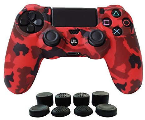 Hikfly Silicone Controller Cover Skin Protector Case Faceplates Kits for Sony Playstation 4 PS4/PS4 Slim/PS4 Pro Cntroller Video Games(1x Camouflage Cover with 8 x FPS Pro Thumb Grips Caps)(Red)