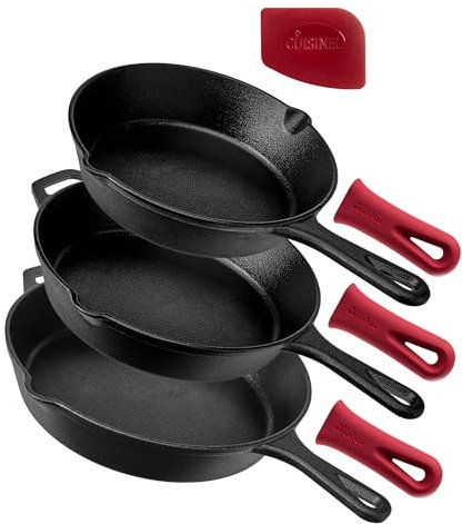 cuisinel Cast Iron Skillet Set - 8+10+12 / 20.32cm+25.4cm+30.48cm + 3 Silicone Handle Holders - Pre-Seasoned Oven Safe Cookware - Indoor/Outdoor - Grill, Stove Top and Induction Safe